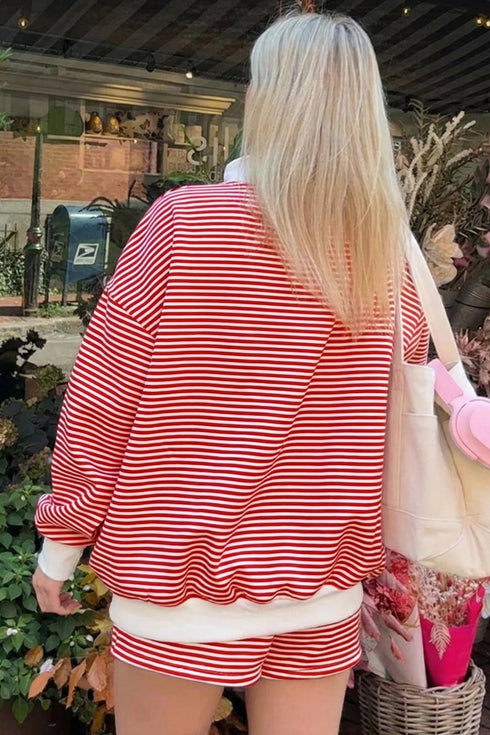 Casual Striped Oversized Mock Neck Matching Shorts Set