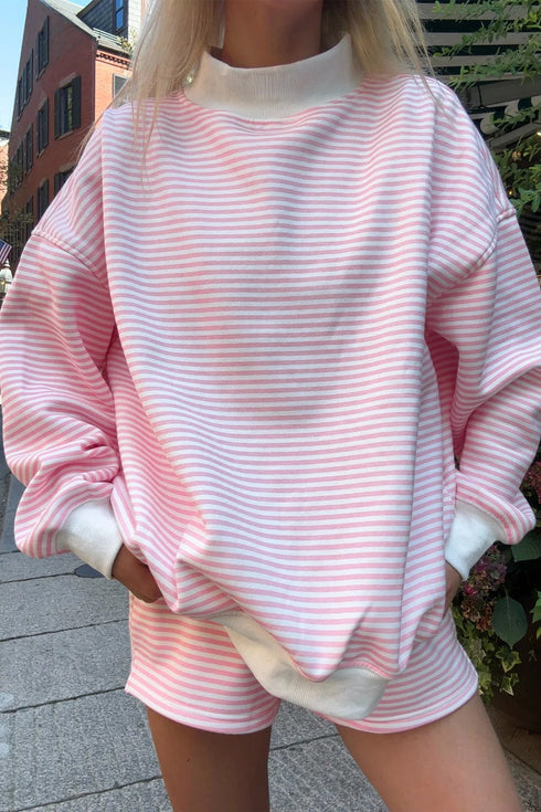 Casual Striped Oversized Mock Neck Matching Shorts Set