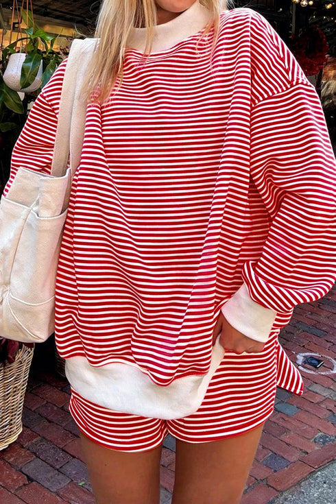 Casual Striped Oversized Mock Neck Matching Shorts Set