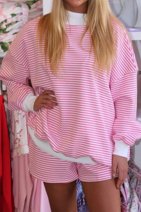 Casual Striped Oversized Mock Neck Matching Shorts Set