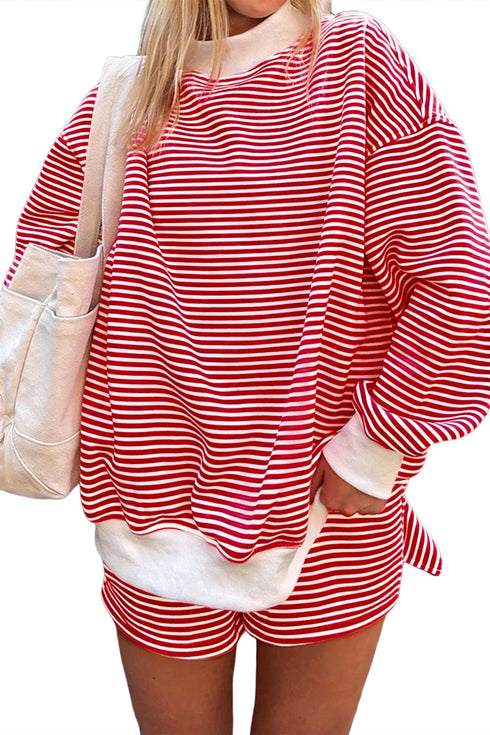 Casual Striped Oversized Mock Neck Matching Shorts Set