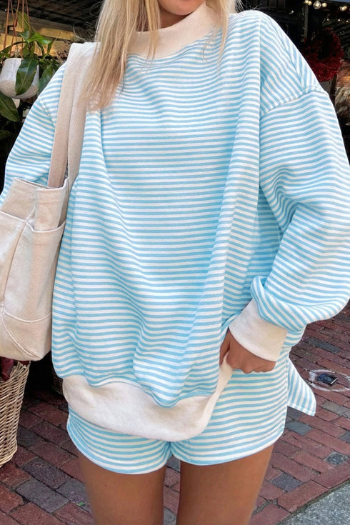 Casual Striped Oversized Mock Neck Matching Shorts Set