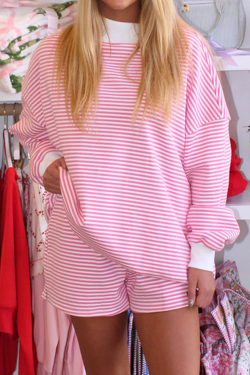Casual Striped Oversized Mock Neck Matching Shorts Set