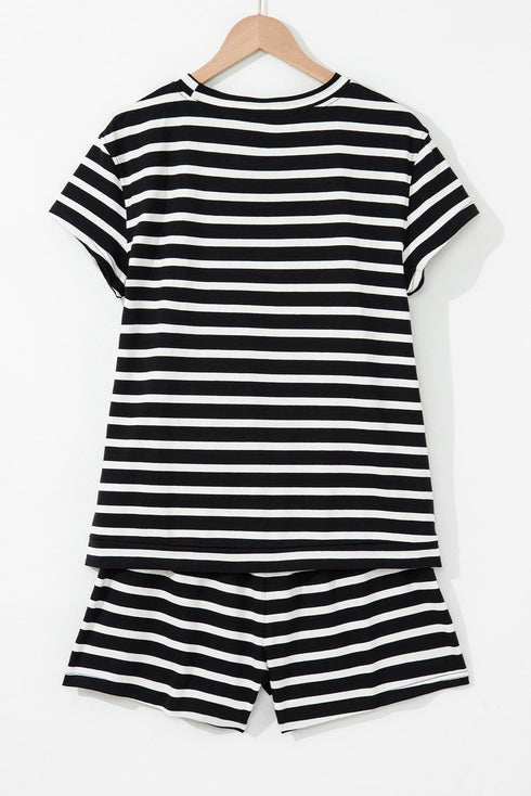 Casual Striped Print Short Sleeve Top And Short Sets