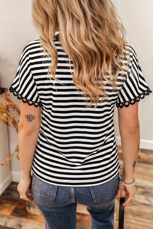 Casual Striped Print V Neck Detailed Trim Tee