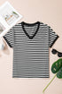 Casual Striped Print V Neck Detailed Trim Tee