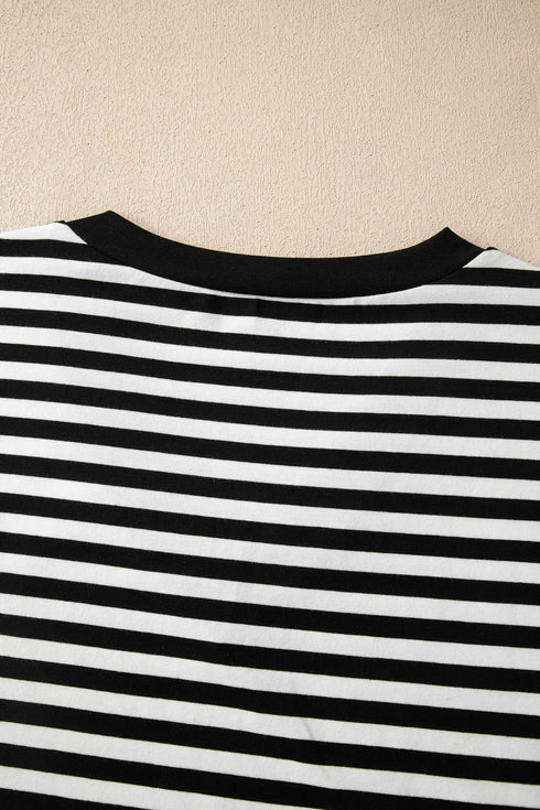 Casual Striped Print V Neck Detailed Trim Tee