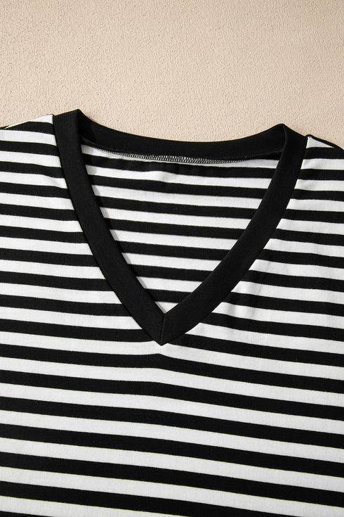 Casual Striped Print V Neck Detailed Trim Tee