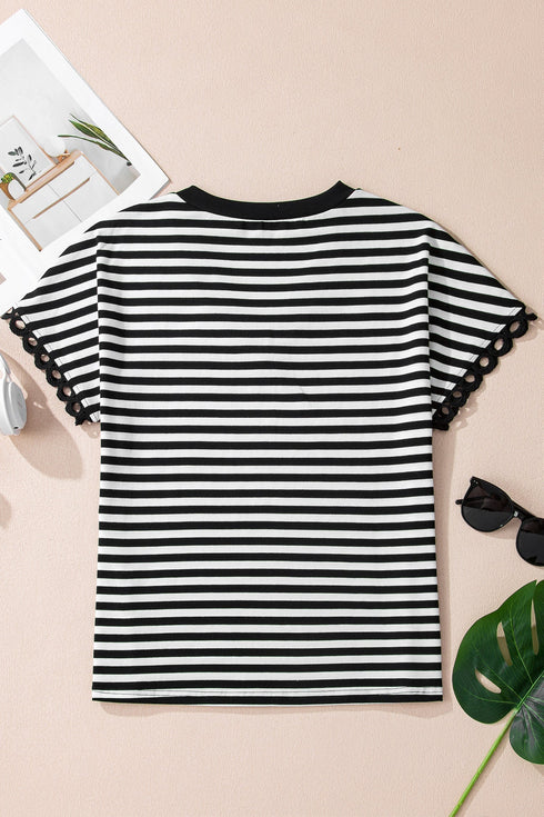 Casual Striped Print V Neck Detailed Trim Tee
