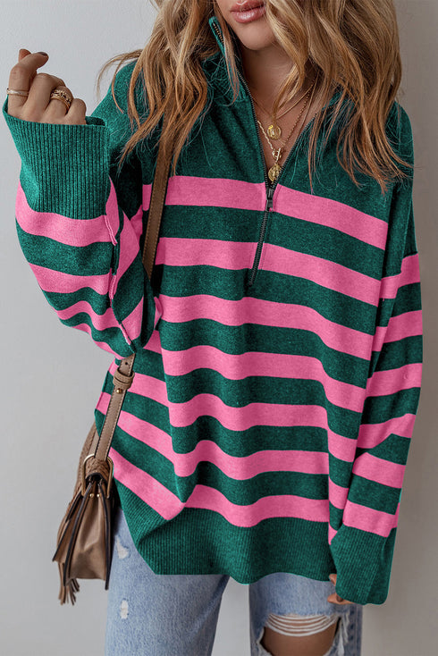 Casual Striped Quarter Zip Drop Shoulder Pullover Sweater