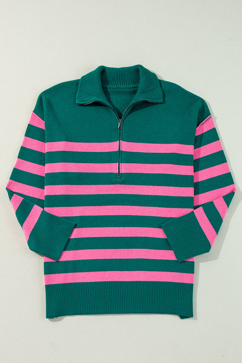Casual Striped Quarter Zip Drop Shoulder Pullover Sweater