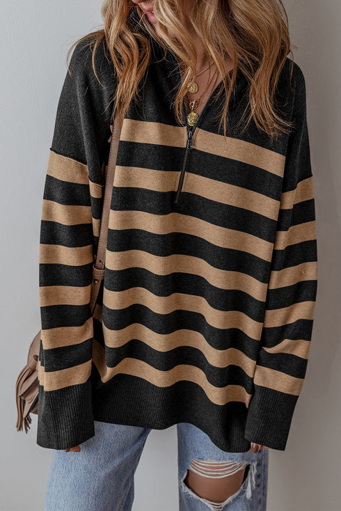 Casual Striped Quarter Zip Drop Shoulder Pullover Sweater