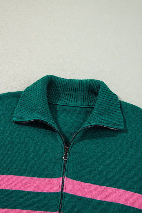 Casual Striped Quarter Zip Drop Shoulder Pullover Sweater
