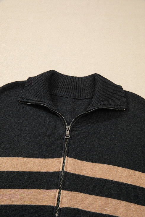 Casual Striped Quarter Zip Drop Shoulder Pullover Sweater