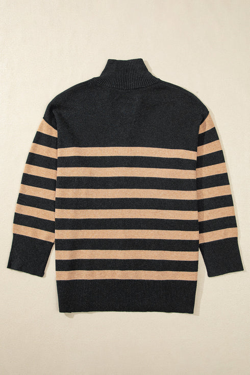 Casual Striped Quarter Zip Drop Shoulder Pullover Sweater