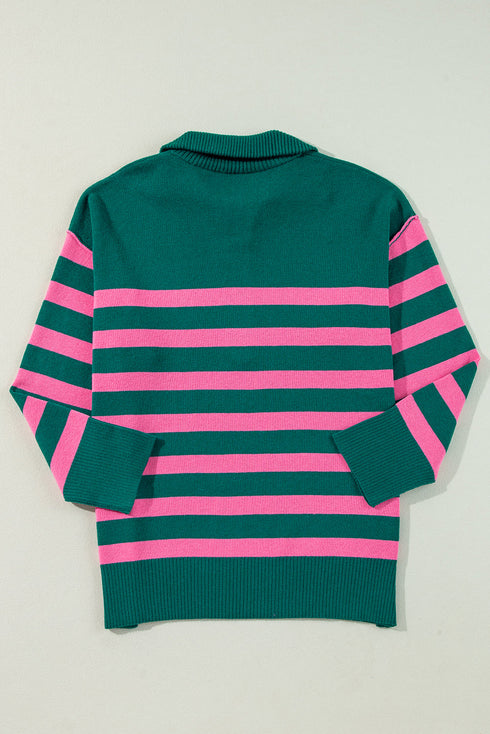 Casual Striped Quarter Zip Drop Shoulder Pullover Sweater