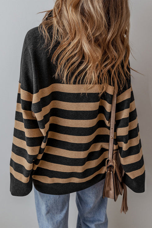 Casual Striped Quarter Zip Drop Shoulder Pullover Sweater