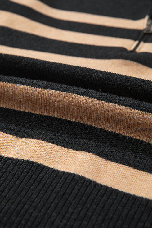 Casual Striped Quarter Zip Drop Shoulder Pullover Sweater