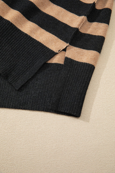 Casual Striped Quarter Zip Drop Shoulder Pullover Sweater