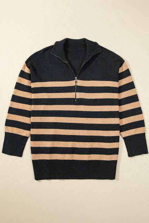 Casual Striped Quarter Zip Drop Shoulder Pullover Sweater