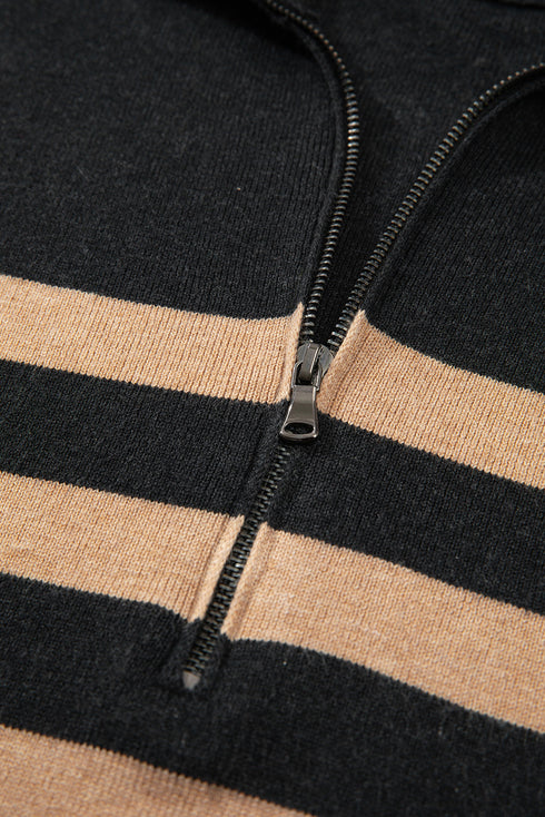 Casual Striped Quarter Zip Drop Shoulder Pullover Sweater