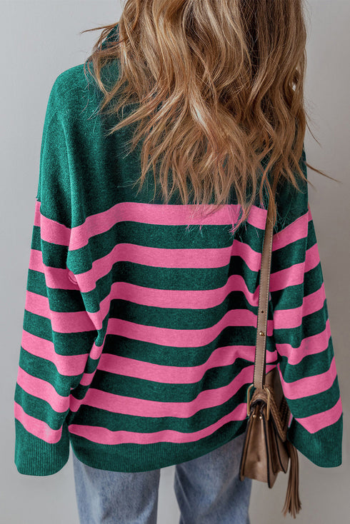 Casual Striped Quarter Zip Drop Shoulder Pullover Sweater