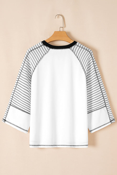 Casual Striped Raglan Sleeve Patchwork Pullover Top
