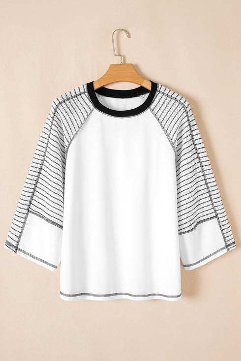 Casual Striped Raglan Sleeve Patchwork Pullover Top