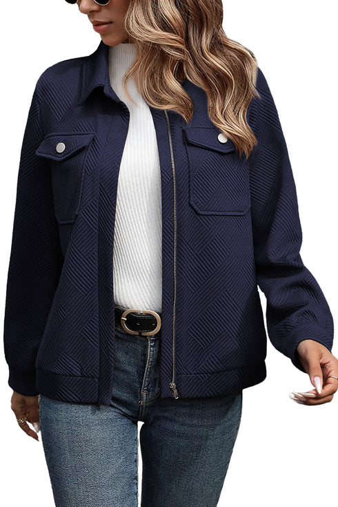 Casual Textured Flap Pocket Shirt Collar Zip Up Jackets