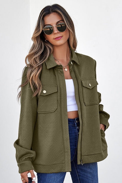 Casual Textured Flap Pocket Shirt Collar Zip Up Jackets