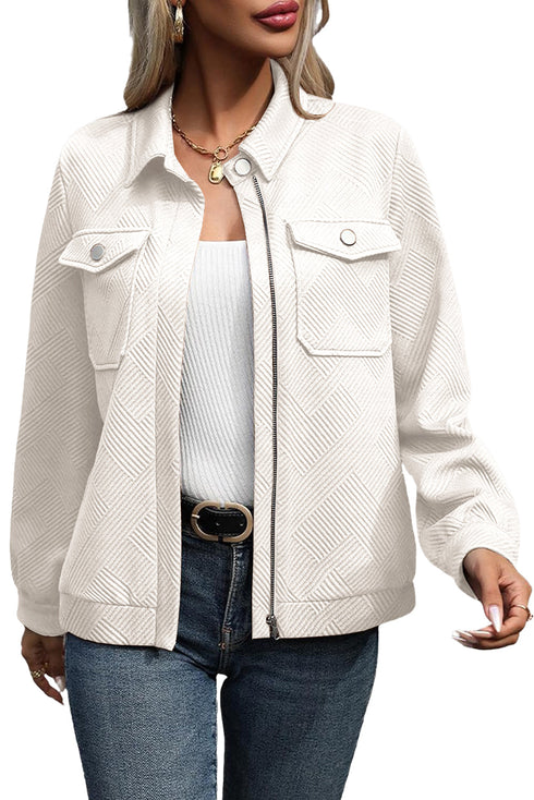 Casual Textured Flap Pocket Shirt Collar Zip Up Jackets