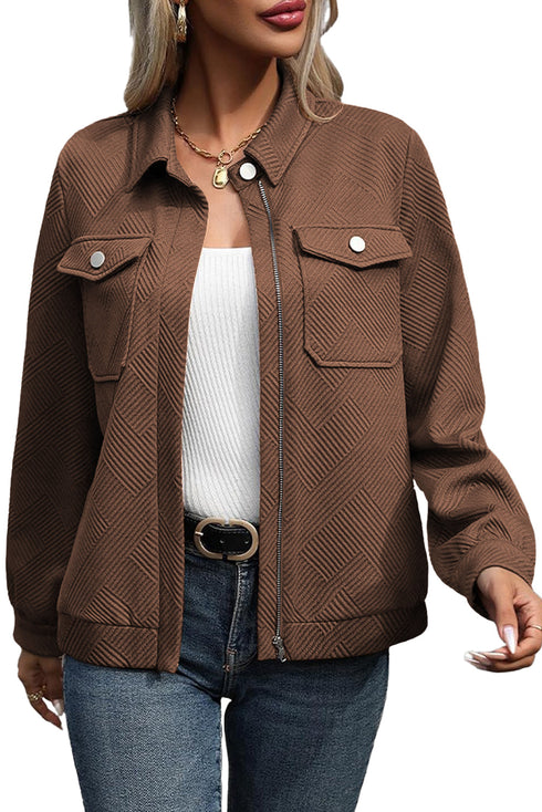 Casual Textured Flap Pocket Shirt Collar Zip Up Jackets