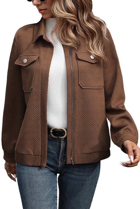 Casual Textured Flap Pocket Shirt Collar Zip Up Jackets