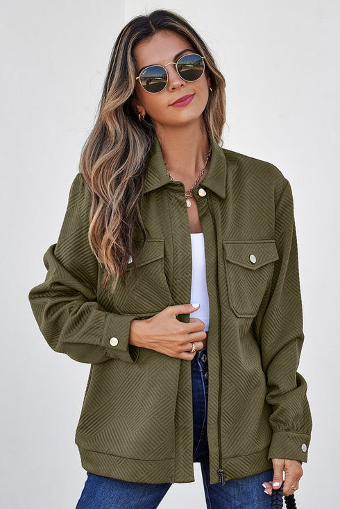 Casual Textured Flap Pocket Shirt Collar Zip Up Jackets