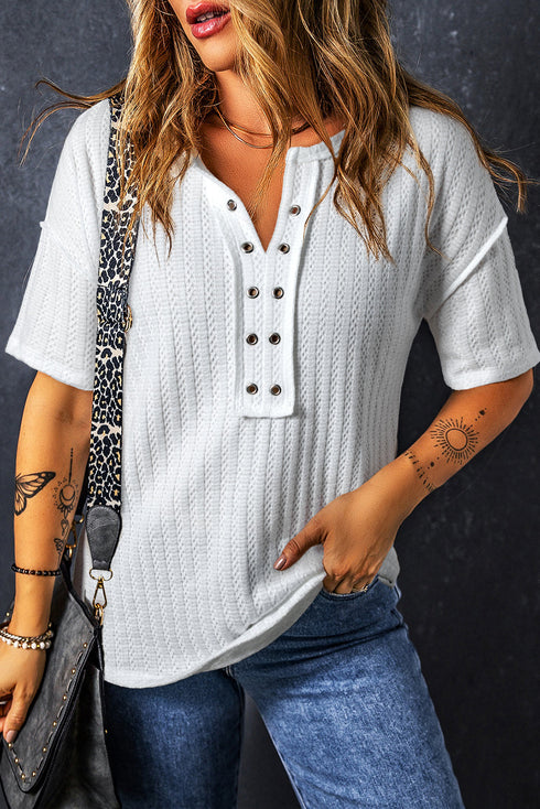Casual Textured Grommet Placket Split Neck Short Sleeve Everyday Top