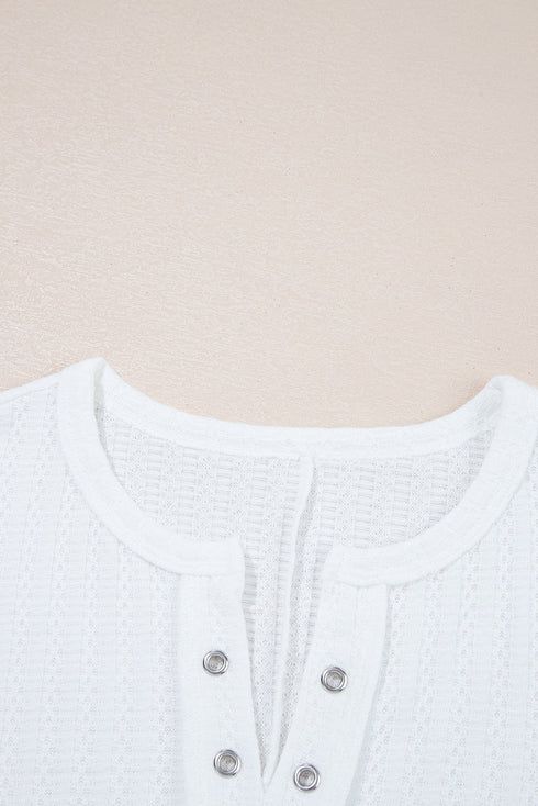 Casual Textured Grommet Placket Split Neck Short Sleeve Everyday Top