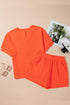Casual Textured Knit V Neck T Shirt Drawstring Waist Shorts Set