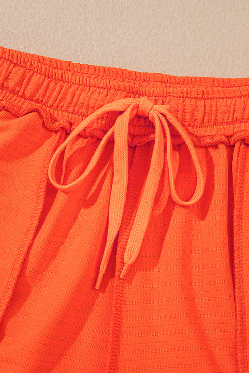 Casual Textured Knit V Neck T Shirt Drawstring Waist Shorts Set