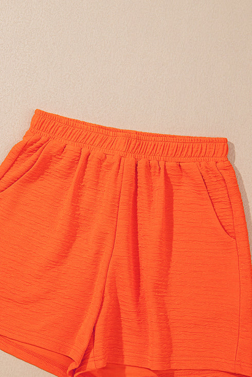 Casual Textured Knit V Neck T Shirt Drawstring Waist Shorts Set