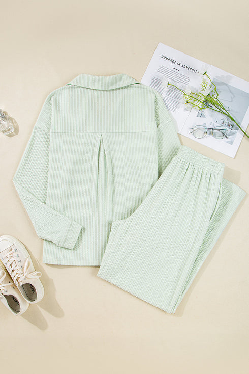 Casual Textured Patched Pocket Wide Leg Pant Set