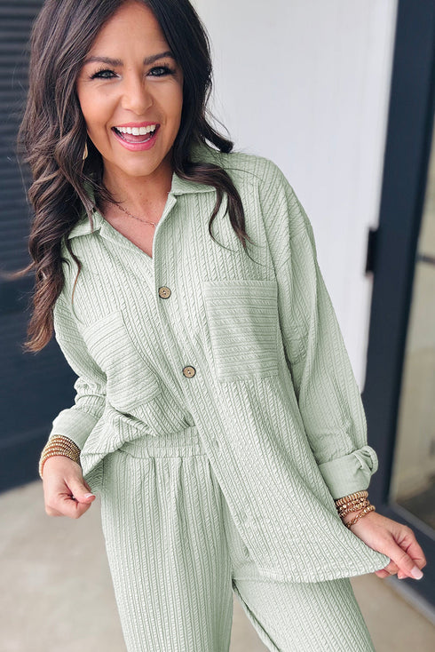 Casual Textured Patched Pocket Wide Leg Pant Set