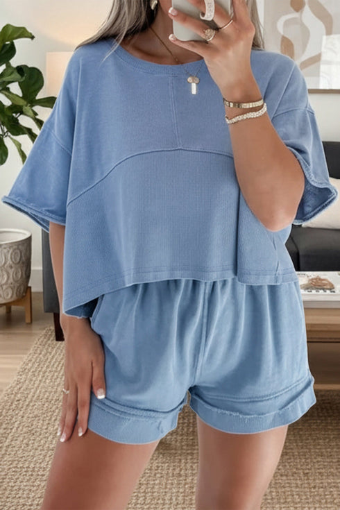 Casual Textured Patchwork Raw Edge Matching Short Sets