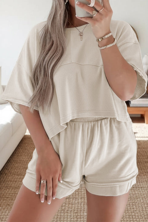 Casual Textured Patchwork Raw Edge Matching Short Sets