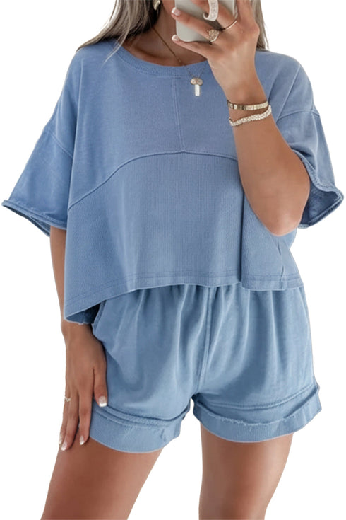 Casual Textured Patchwork Raw Edge Matching Short Sets