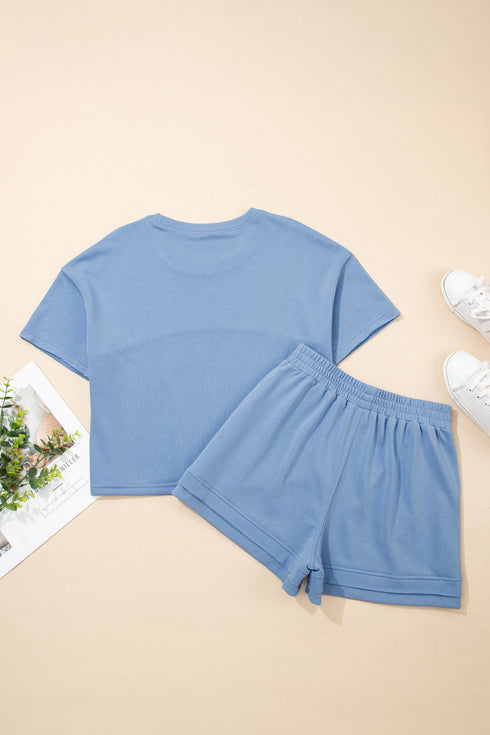 Casual Textured Patchwork Raw Edge Matching Short Sets