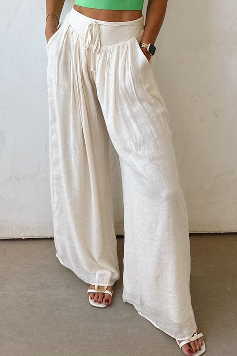 Casual Textured Tie Waist Pleated Wide Leg Pants
