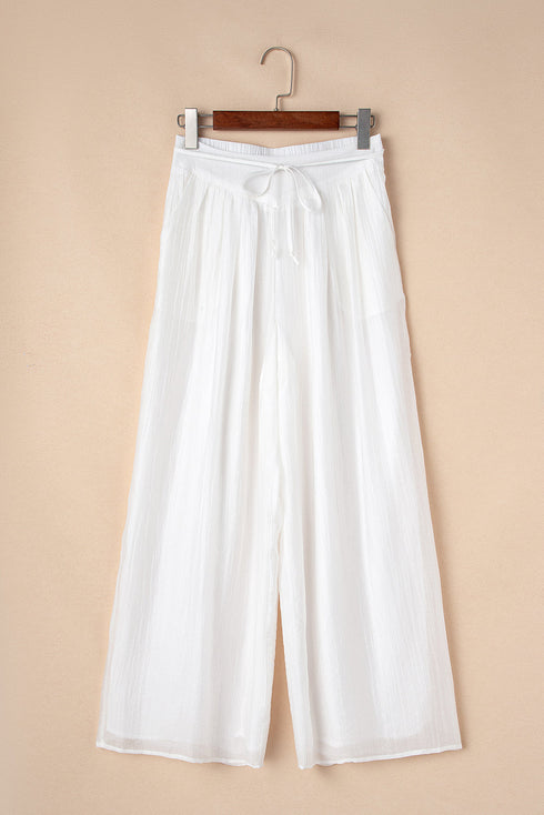 Casual Textured Tie Waist Pleated Wide Leg Pants