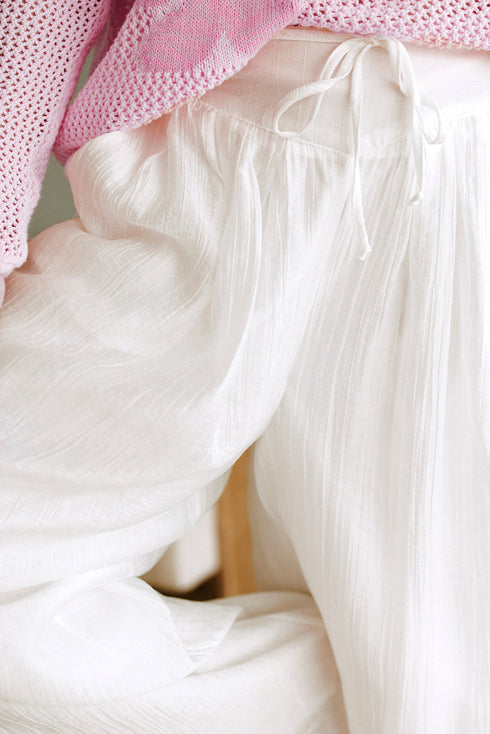 Casual Textured Tie Waist Pleated Wide Leg Pants
