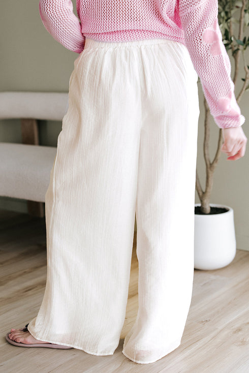 Casual Textured Tie Waist Pleated Wide Leg Pants