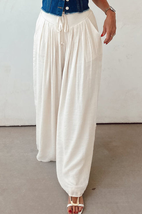 Casual Textured Tie Waist Pleated Wide Leg Pants